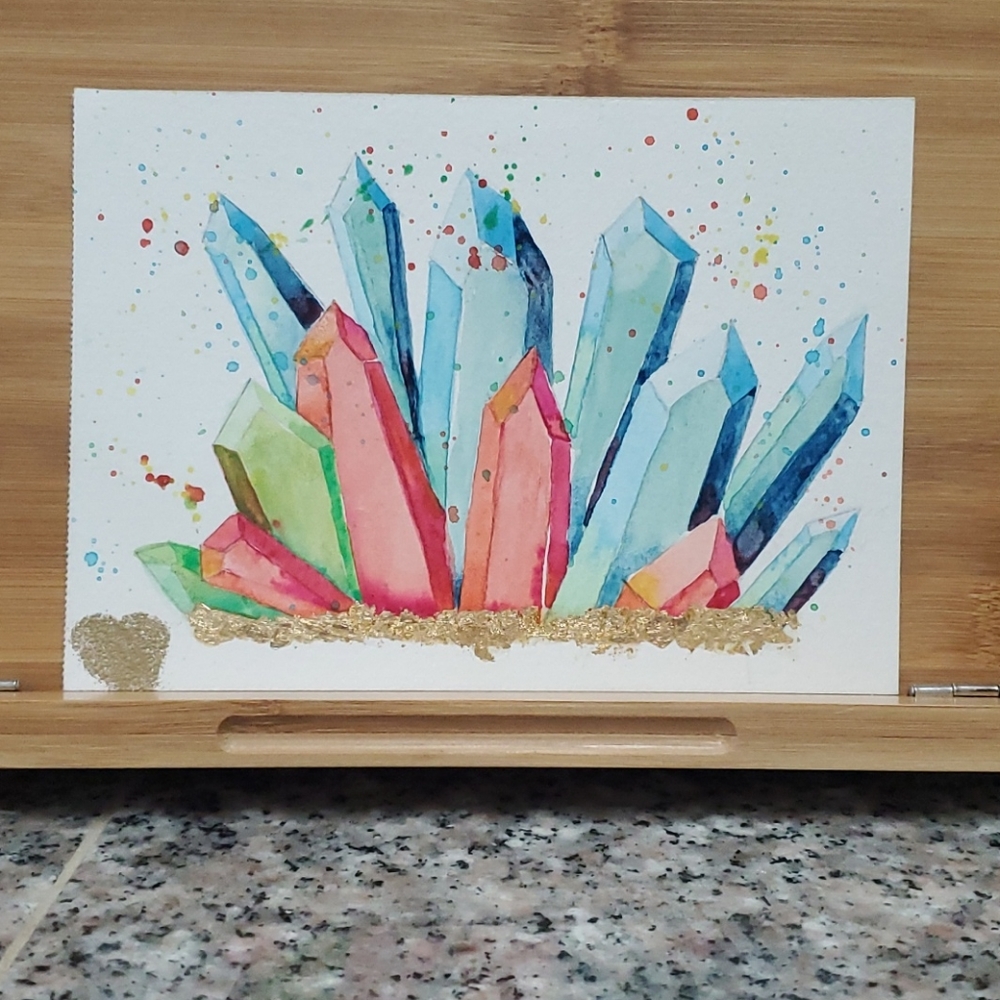 Crystals in Gold Leaf Watercolor Art